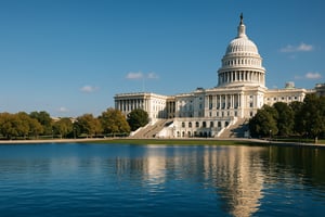 Imagine a stunning view of Capitol Hill under a bright midday sky with the iconic Capitol Building majestically positioned in the top right corner of the frame The left twothirds of the image is dominated by a serene blue expanse perhaps representing